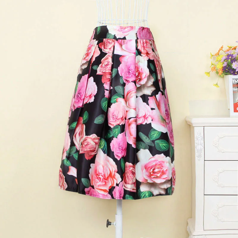 Floral Print Knee Length Skirts Women Flared Skirt Summer Rose Printed