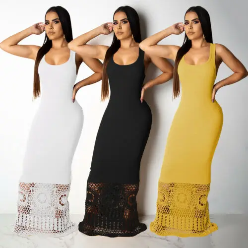 

New Grace New Fashion Women Long Maxi Dress Sleeveless High Waist Female Bandage Boho Long Dress Hollow Out Party Dress