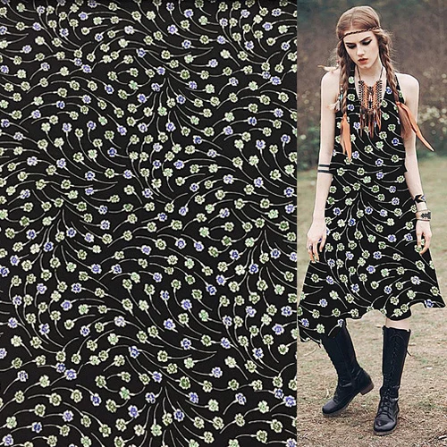 

Silk crepe de chine silk fabric mini green blue floral on black bottom,SCDC1012