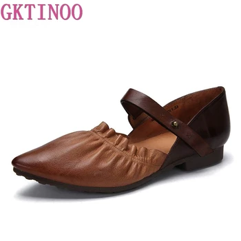 

GKTINOO 2019 Women Flats Genuine Leather Pointed Toe Pleated Handmade Vintage Soft Comfort Women Mary Janes Flat Shoes