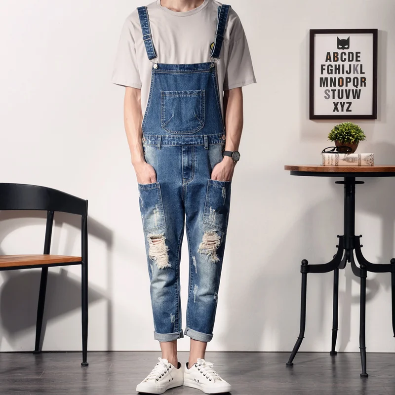 Aberdeen Fengpo hole cowboy pants nine men youth feet font b Jumpsuit b font overalls slim
