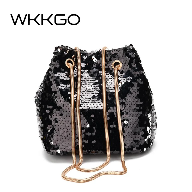 

WKKGO Fashion Sequin Pack Chains Bucket Handbag Mini Evening Lady Clutch Bags Party Joker Shoulder Messenger Crossbody Women Bag