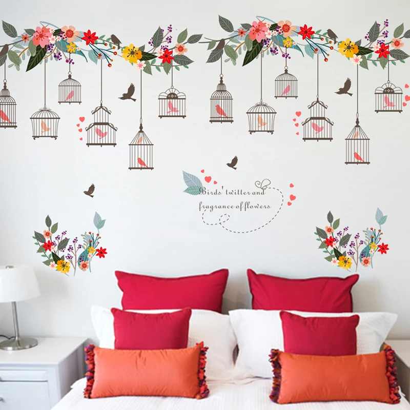 Birdcage Colorful Flower Flying Birds For Living Room Wallpaper Window Glass Decor Wall Sticker For Kids Rooms Home Decor