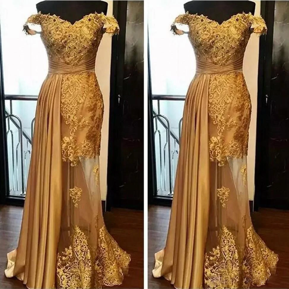 

2018 Off The Shoulder Lace Long Prom Dresses Arabic Golden Tulle Applique Beaded Chic Evening Gowns robe de soiree Abendkleider