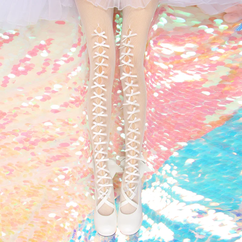 

Princess sweet lolita pantyhose Spring Handmade bow knot hollow pantyhose Korean girl bottom pantyhose fashion women WGR079