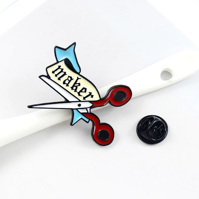 

Cloth Scissors Red Handle Maker Ribbon Perfect Enamel Lapel Brooches Backpack Hat Badge Worker Gift