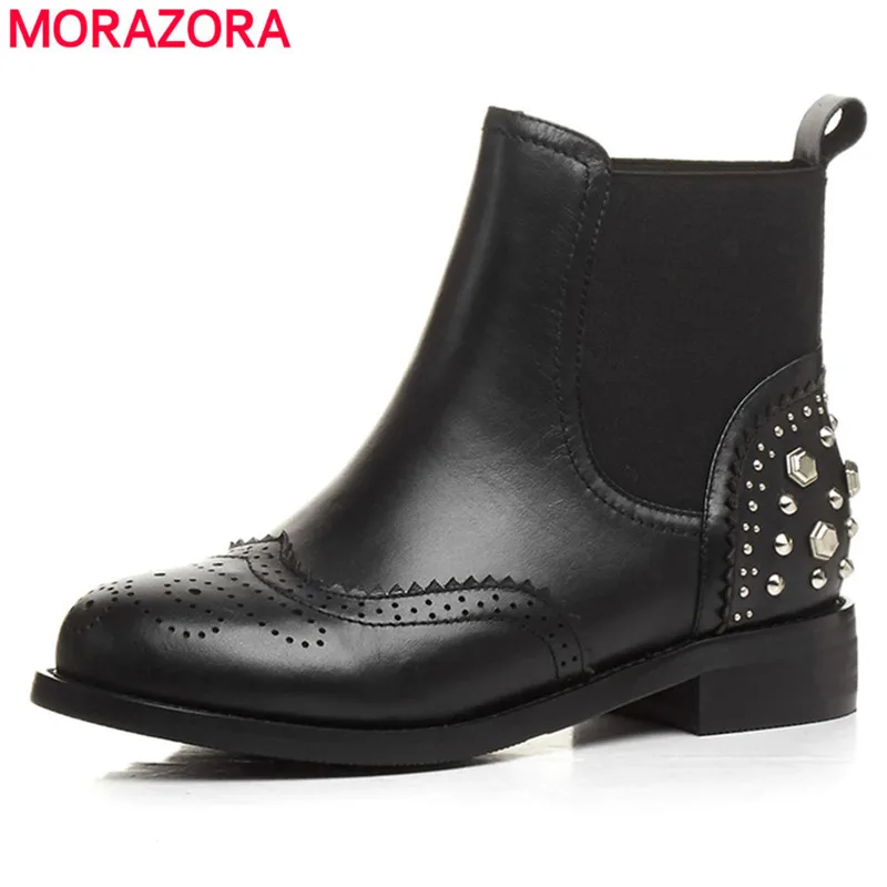 

MORAZORA 2020 new arrival women's boots genuine leather round toe ankle boots autumn rivet fashion shoes woman boots
