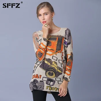 

SFFZ 2019 New Oversized Sweater Fashion Art Print Batwing Sleeve Slash Neck Women's Sweaters Pullovers Wool Knitted Women Jumper