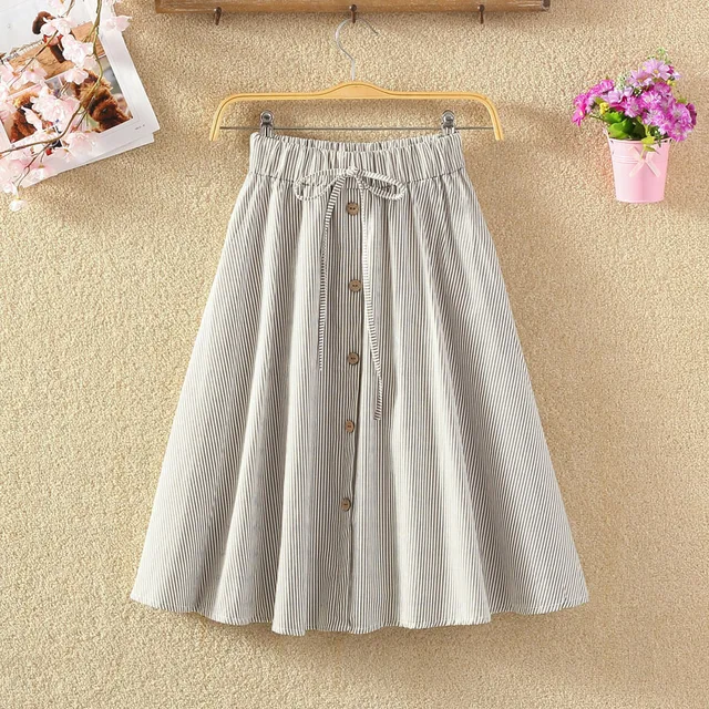 2018 new women summer autumn elastic high waist bow tie midi skirt female cotton linen striped knee-length buttons pleated skirt 1