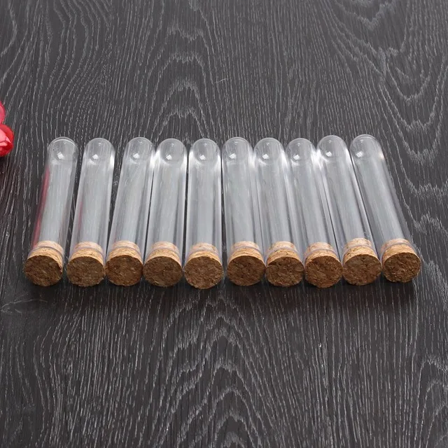

Brand new 50pcs/lot 18x100mm Transparent Plastic Test Tube With Cork Stopper Round Bottom School Laboratory Educational Supplies