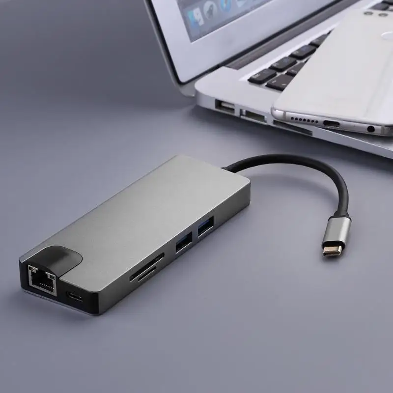 8 в 1 USB HUB Тип-C RJ45 Lan адаптер HDMI VGA Алюминий Slloy USB 3,0 кардридер конвертер кабель для Macbook