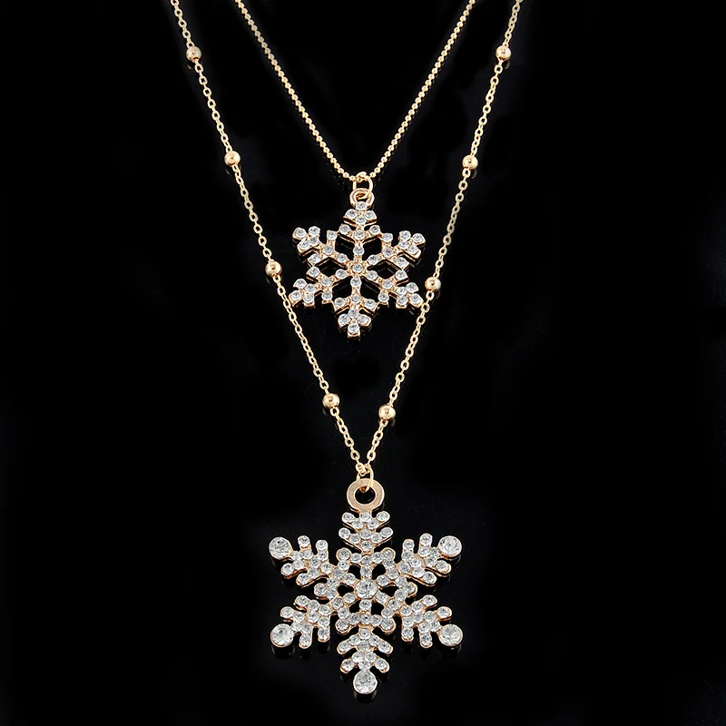 

Fashion Gold Rhinestone Snowflake Pendant Necklaces Long Sweater Chain Double Layers Necklace & Pendant new year