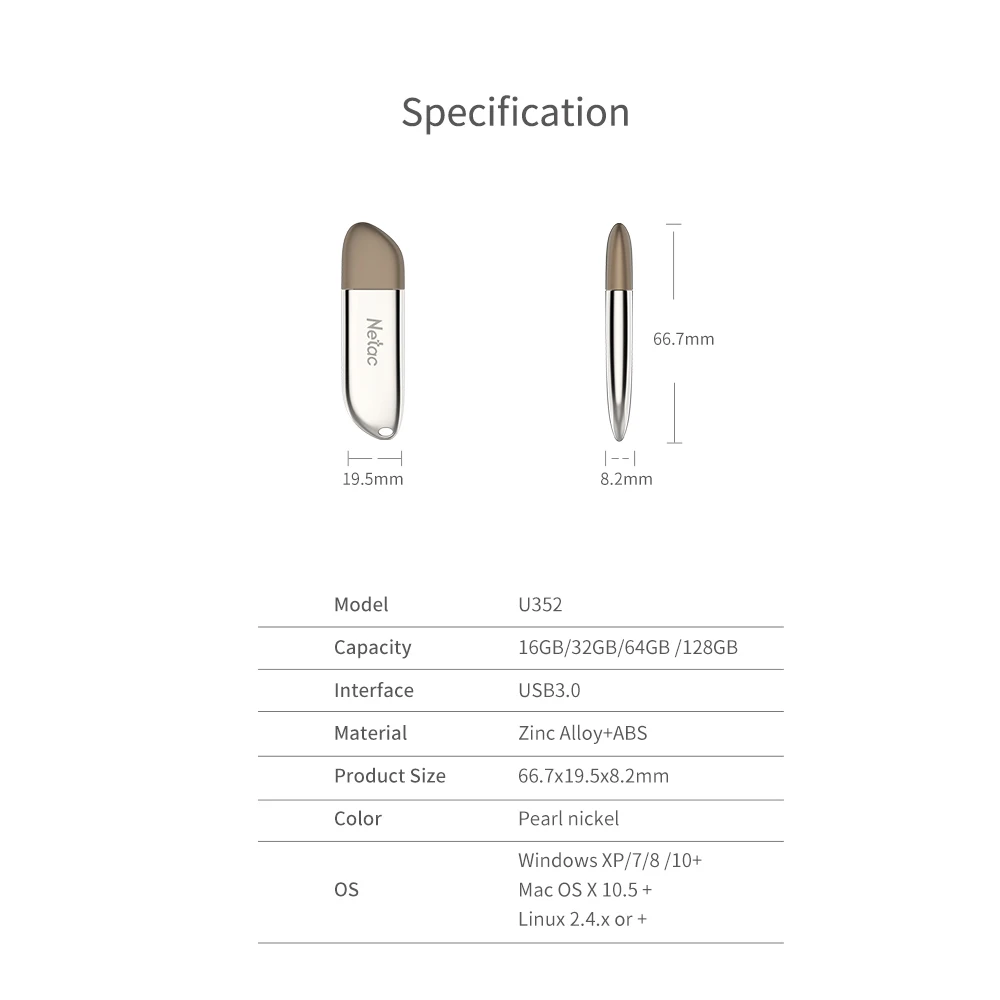 Металлический флэш-диск Netac U352 USB3.0, 16 ГБ, 32 ГБ, 64 ГБ, 128 ГБ, USB3.0, светильник из цинкового сплава, тонкий флеш-накопитель, зашифрованная ручка