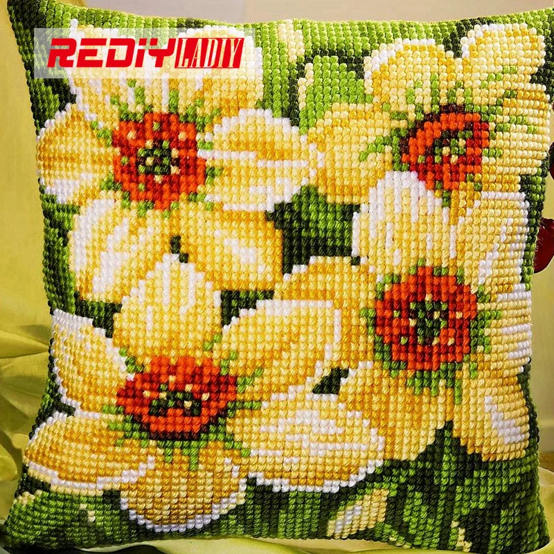 

DIY Needlework Crafts NARCISSI Cushion Cover Home Decor Color Printed Crewel Yarn Pillow Case Cross Stitch Kits for Embroidery