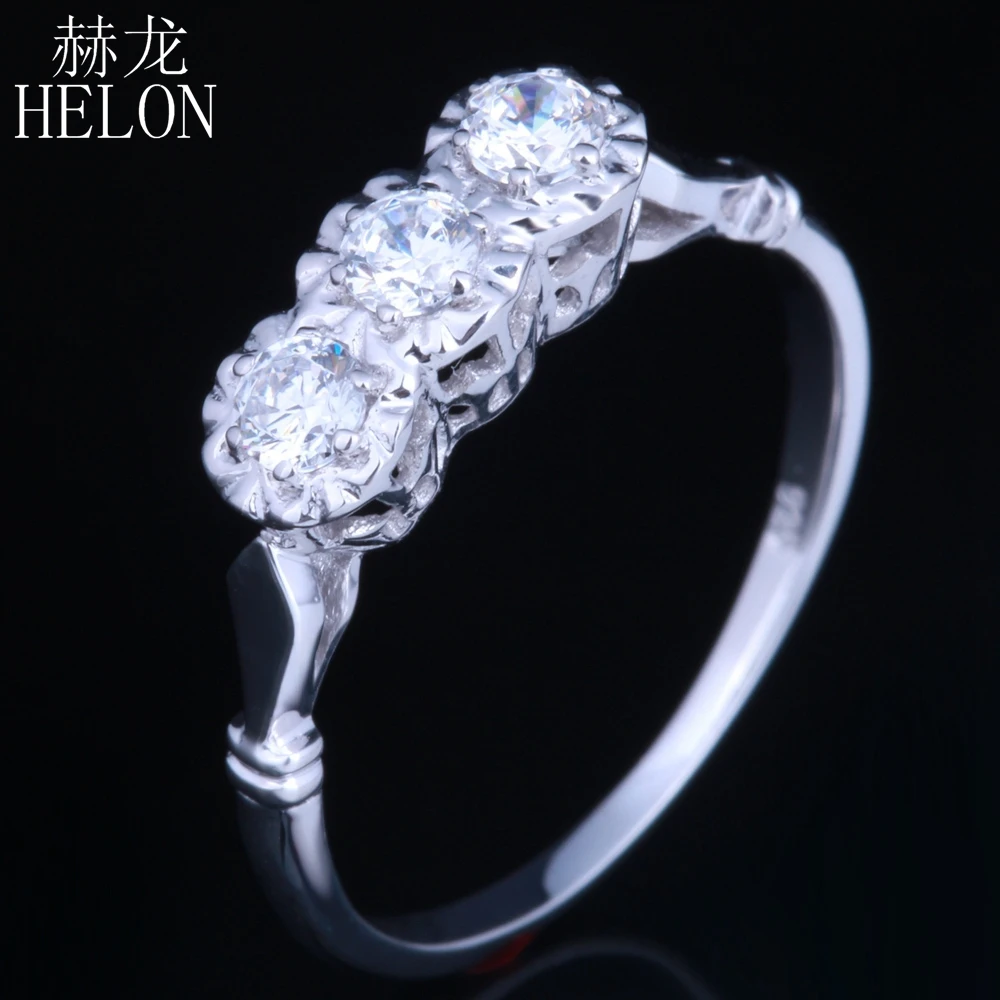 HELON Твердые 10 к белого золота ювелирные изделия 0.3ct натуральная кольцо с алмазом moissanites кольцо Обручение Свадебные изысканный Для женщин кольцо с тремя камнями