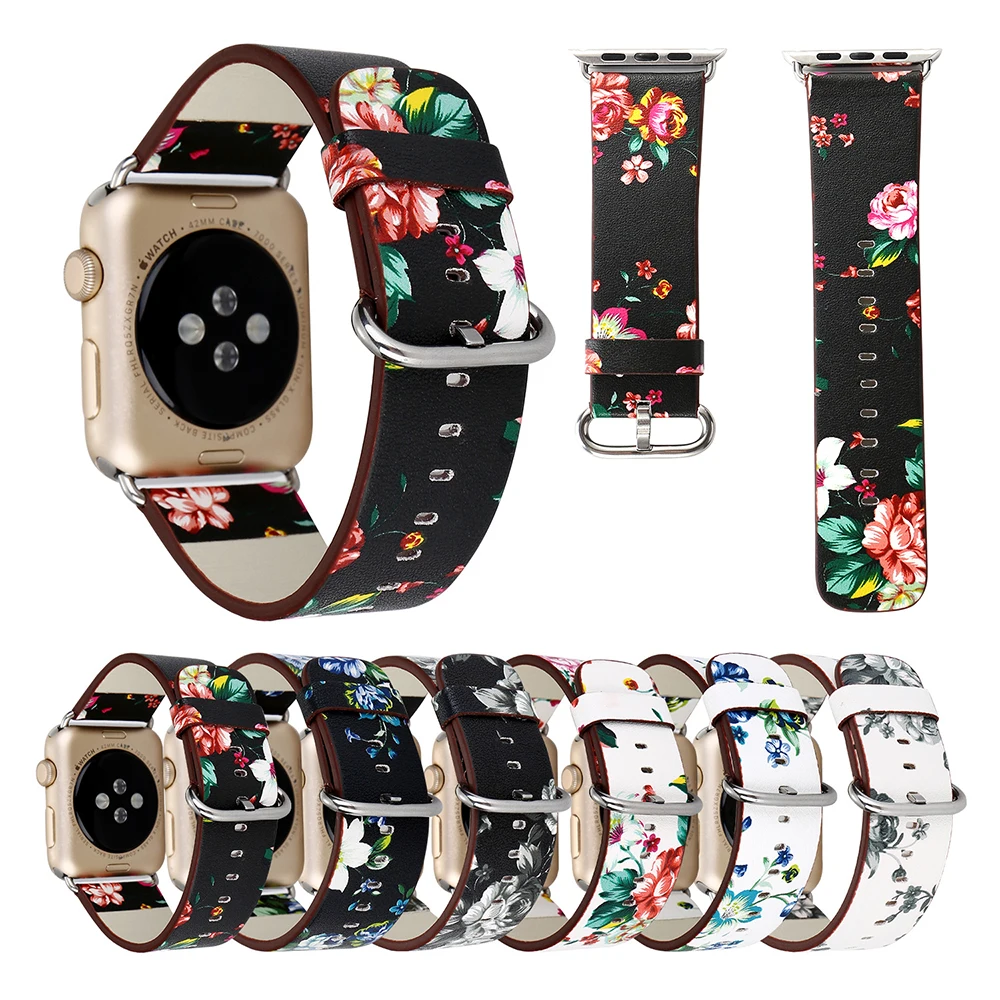 

Watch strap for Apple Watch 3 2 1 Bracelet Fashion Floral Printed Genuine Leather Bohemian Design 38mm 42mm Wrist Watch D35