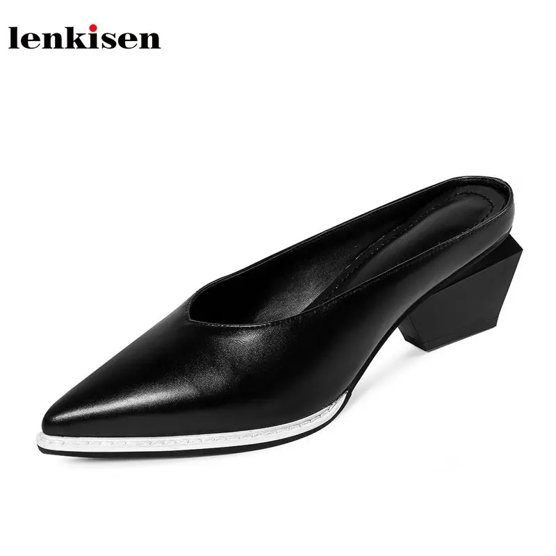 

Lenkisen pointed toe slip on genuine leather summer shoe slingback runway elegant strange heels simple style women pumps L86