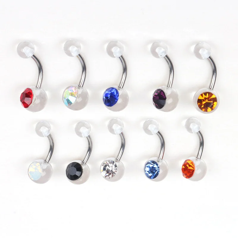 

10pcs/lot Piercing Navel Surgical Steel Single Crystal Rhinestone Belly Button Rings Navel Piercing Ombligo 5/8mm Ball Nombril