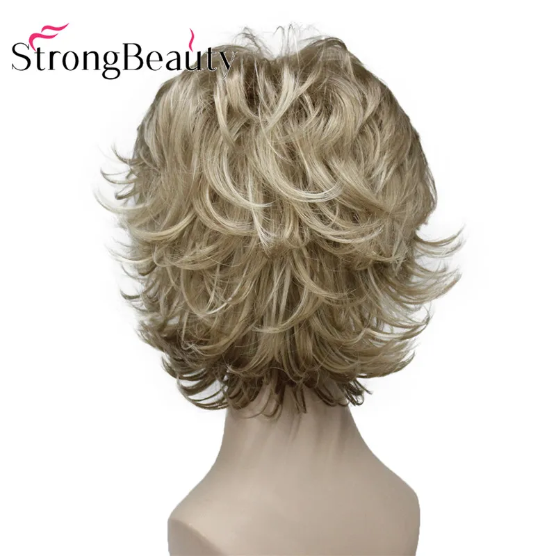 StrongBeauty 짧은 합성 가발 금발 자연스러운 웨이브 플러피 레이어드 컷 가발(뱅 포함)