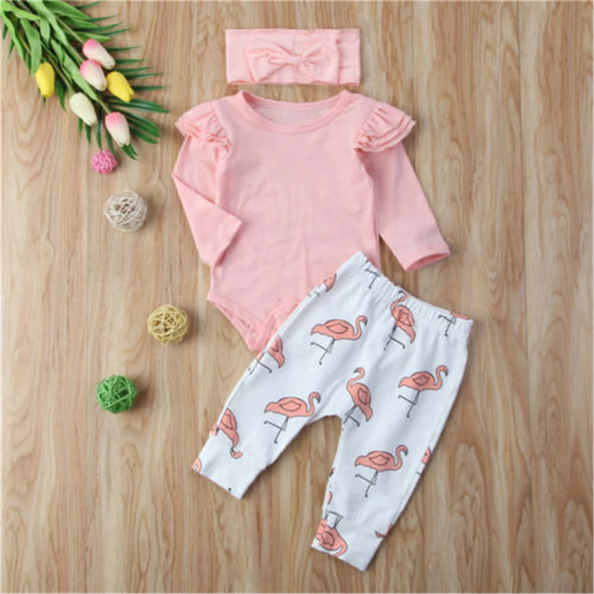 

3Pcs Kids Newborn Baby Boys Girls Clothes Flying Sleeves Romper + Flamingo Pants + Headband Outfits Set For Unisex
