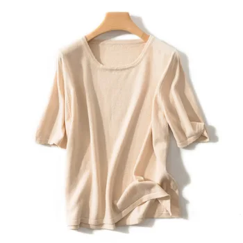 

2019 spring Women's O collar sweater new style half sleeve Circular collar sweater Thin and thin Simple casual sweater