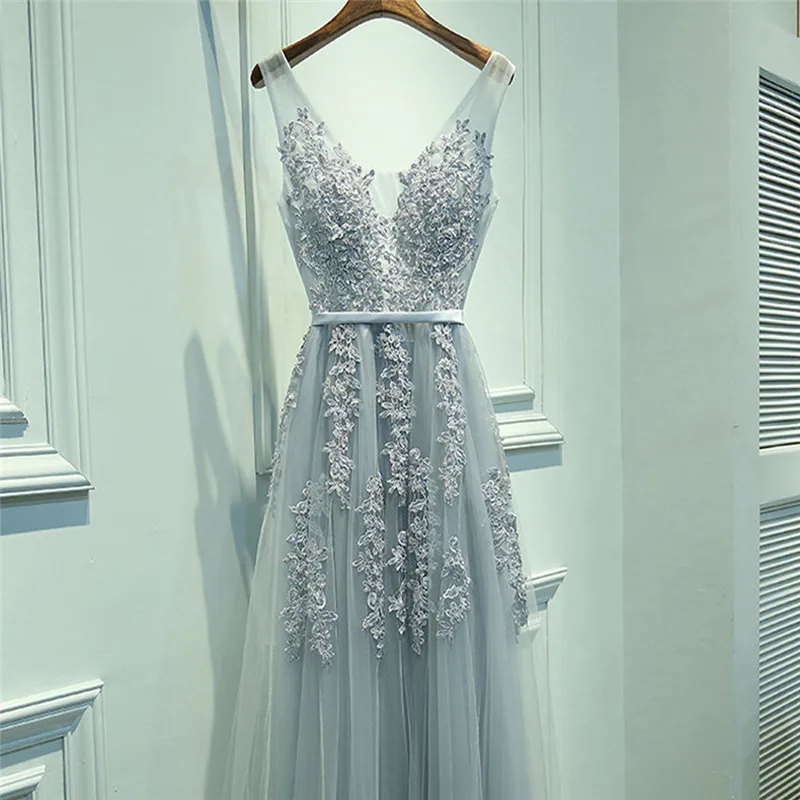 Сексуальное вечернее платье с v-образным вырезом, Robe De Soiree, новинка, высокое качество, Серый Тюль, вечерние платья с аппликацией, настоящая фотография, vestido de festa