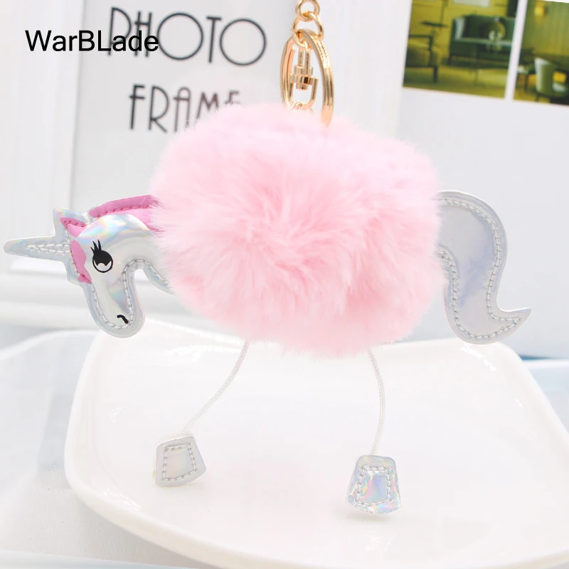 

WarBLade Cute Pompom Unicorn keychain Artificial pom poms rabbit fur ball key chain porte clef women bag car keyring Accessories