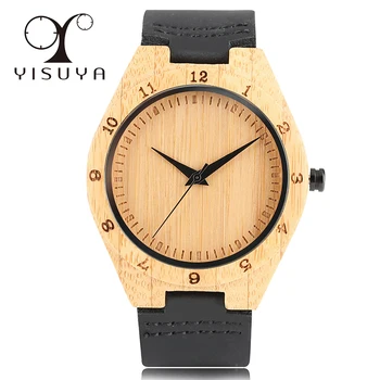 

YISUYA Bamboo Wood Watch Men Black Genuine Leather Band Fashion Arabic Numerals Engraving Quartz Wristwatches Male