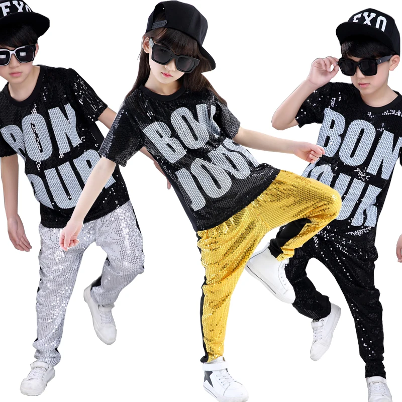 Girl Dance Costume Sequins Dress Girls Boys Sequins Modern Jazz Dance Outfits Tops Pants Ballroom Hip Hop Dancing Suit Kids Adults Stage wear Costumes Clothing