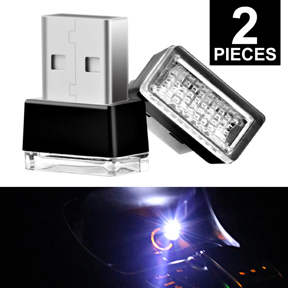 2pcs White USB Car Light LED Car Atmosphere Light 12V Interior Decorative Lamp Universal For All