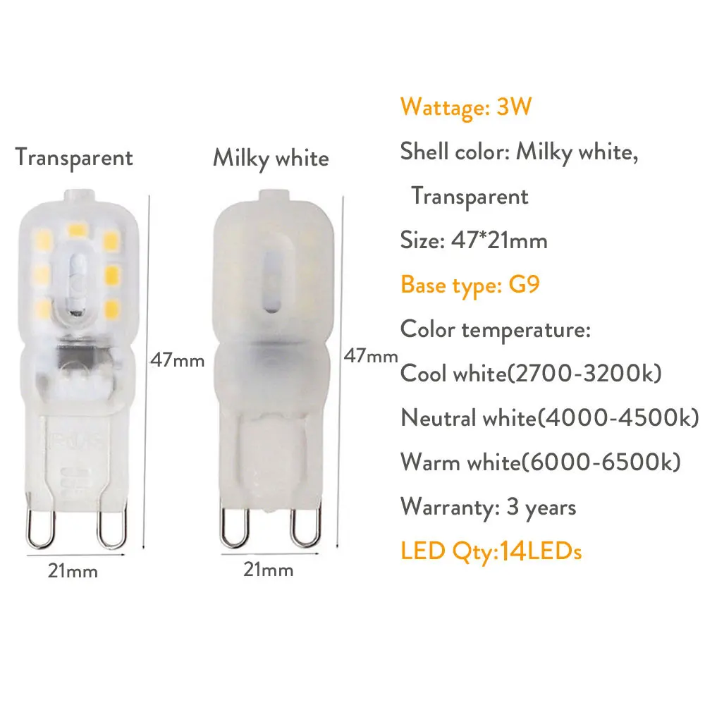 G9 LED 14LEDs 3W LED G9 Lamp LED Bulb SMD 2835 LED Light Replace 25W Halogen Lamp Light Milky White Transparent  Shell 110V 220V