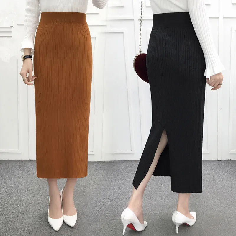 Korea Women Long Skirt Elastic Waist Woolen Knitted Pencil Skirts