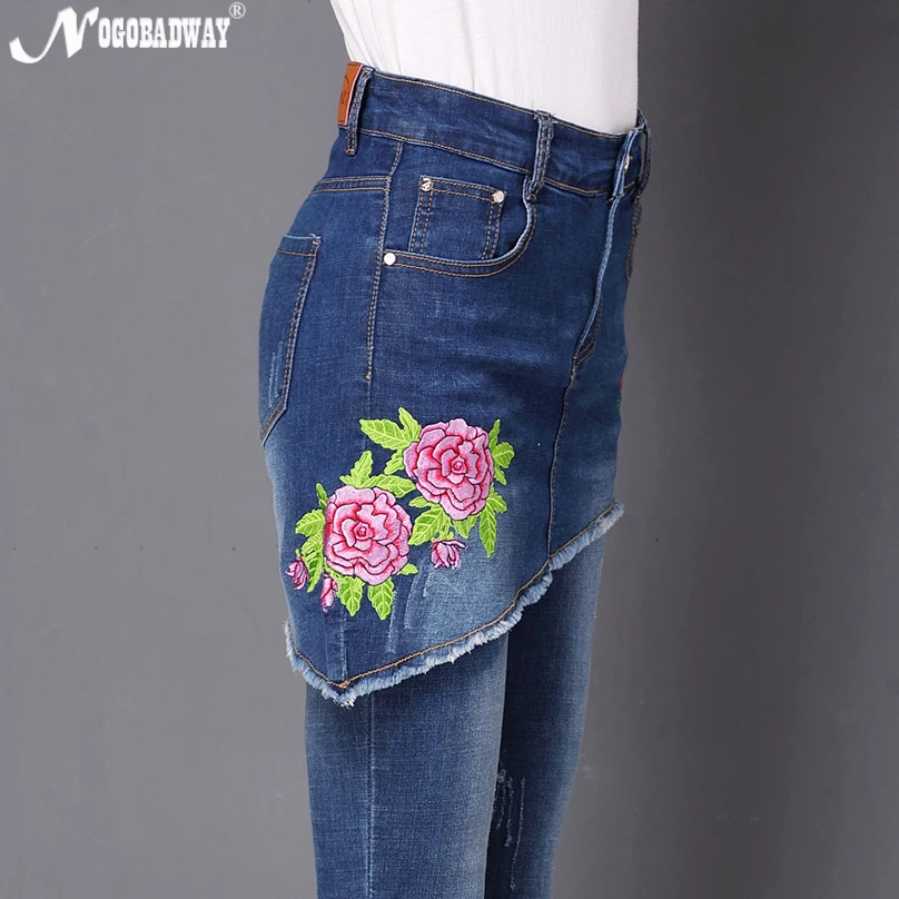 

Plus Size Patchwork Stretch Floral Embroidery Jeans Women Fake Two Sets Women Slim Pencil Denim Pants Trousers 2019 Autumn New