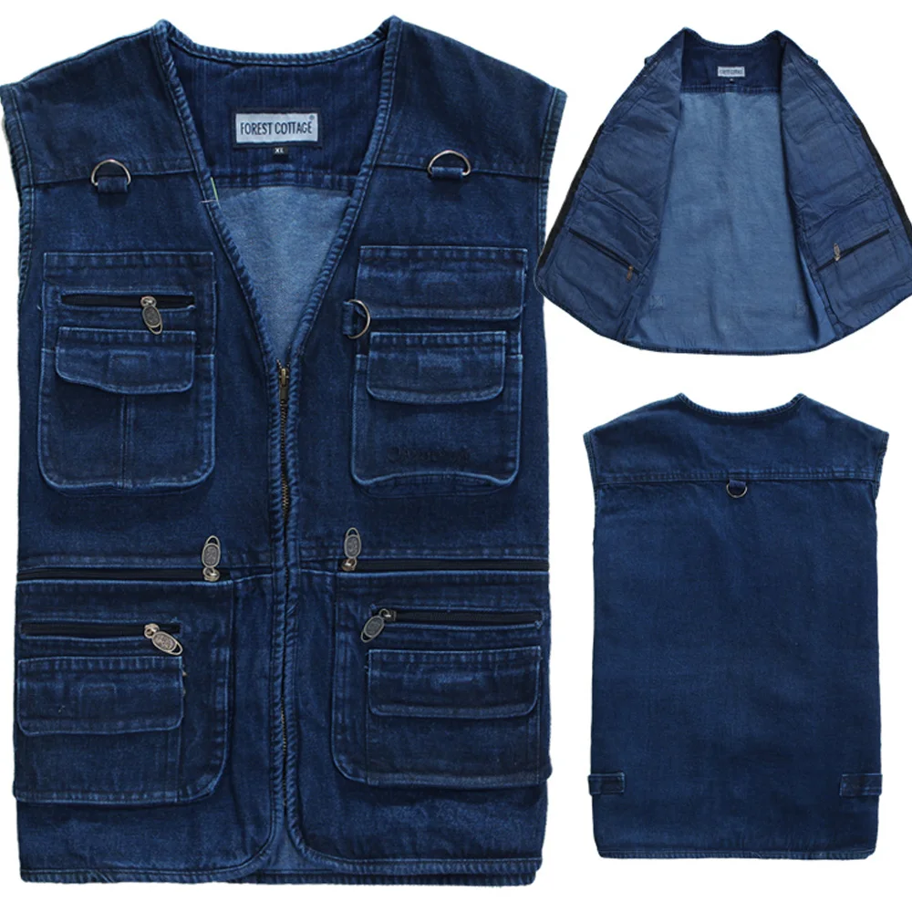 Free shipping Male Denim Vests Men 5XL 6XL 7XL Vest Mens Outdoors Cotton Multi Pocket Sleevless Jean Jacket Men Jeans Masculino 3