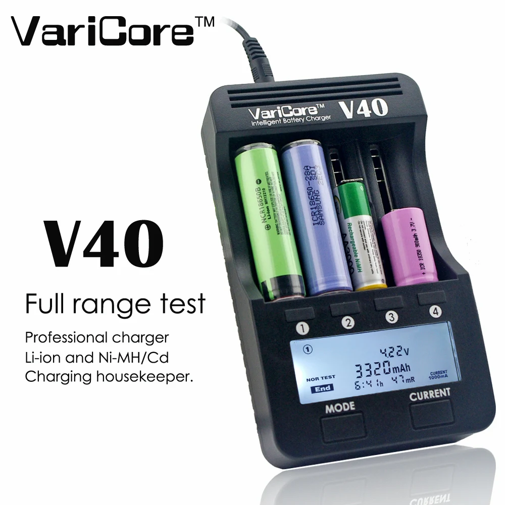 Koop Nieuwe 2018 VariCore V40 3.7 V 18650 26650 18350 16340 18500 25500 10440 17500 NiMH 1.2 V AA AAA 5 V uitgang LCD smart battery charger