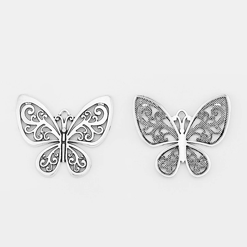8PCS Tibetan Silver Hollow Filigree Butterfly Insect Charms Pendants for Necklace DIY Jewelry Making 56x49mm