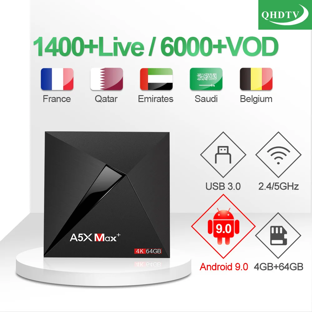 

QHDTV IPTV Code A5X Max Arabic French IPTV Subscription TV Box Android 9.0 Morocco IPTV France Qatar Netherlands Belgium IP TV