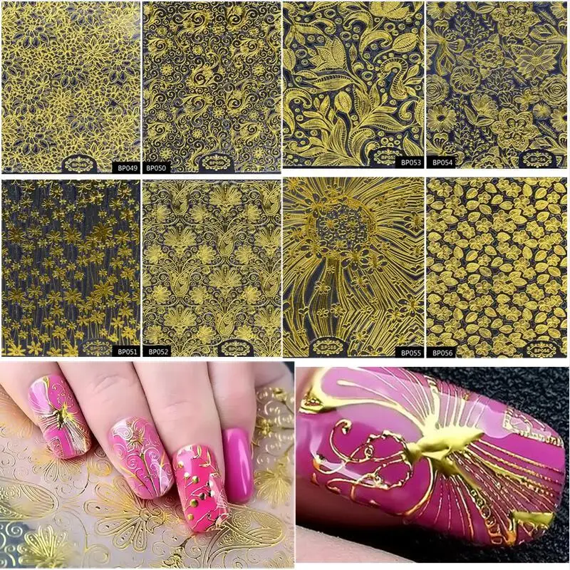 

8pcs/Set Embossed 3D Tips Gold Metallic Blooming Flower Design Self-adhesive Nail Art Stickers Decals Decoration Manicure Tools