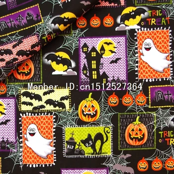 

135cmx50cm Cotton hot silver cartoon fabric - Ghosts, cats, bats, pumpkins, castle (325)