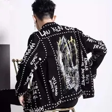 Настоящая роскошная мужская Черная куртка с граффити и заклепками, Клубная/сценическая/студийная/Азиатский размер/это только куртка