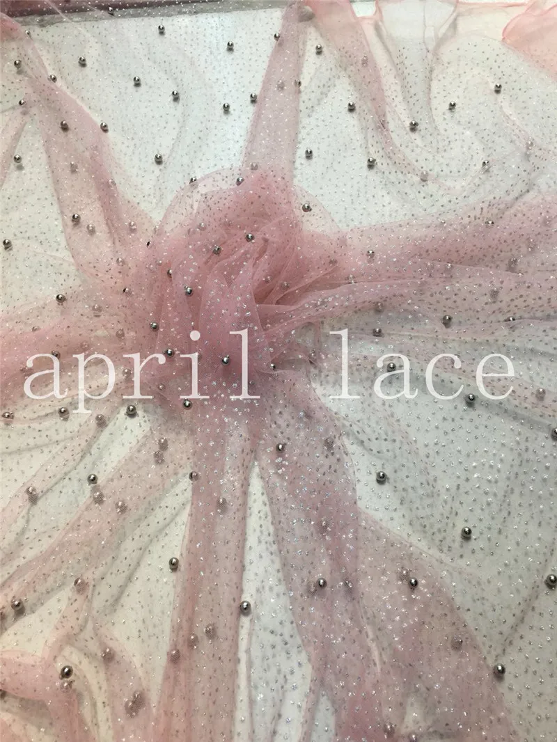 

10 yards dd001-1 # pink mesh gold pearls glued sparkle glitter mesh net tulle lace fabric for sawing wedding dress