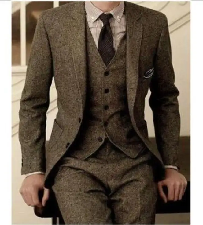 

2018 Vintage Wool Tweed 3-Piece Brown Khaki Herringbone Suit Custom Slim Fit