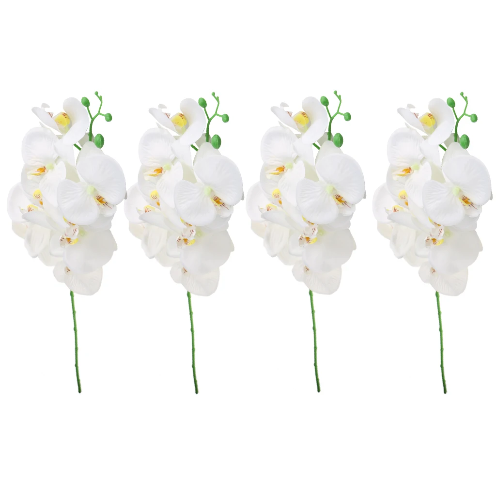 Pack 4pcs Vivid Artificial Plants White Phalaenopsis 9-Head Orchid Flowers Bunches, 93cm Long