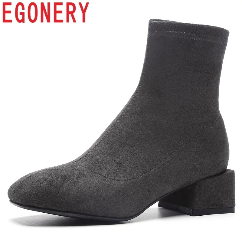 

EGONERY 2018 new flock concise women shoes square toe slip-on med square heel black and grey winter warm large size ankle boots