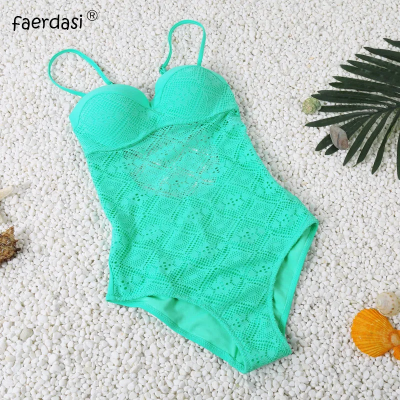 

Faerdasi Swim Push Up One Piece Swimsuit Lace Up Swim Wear Women Padded Solid Hollow Out Bodysuit Quality Bathing suit Monokini