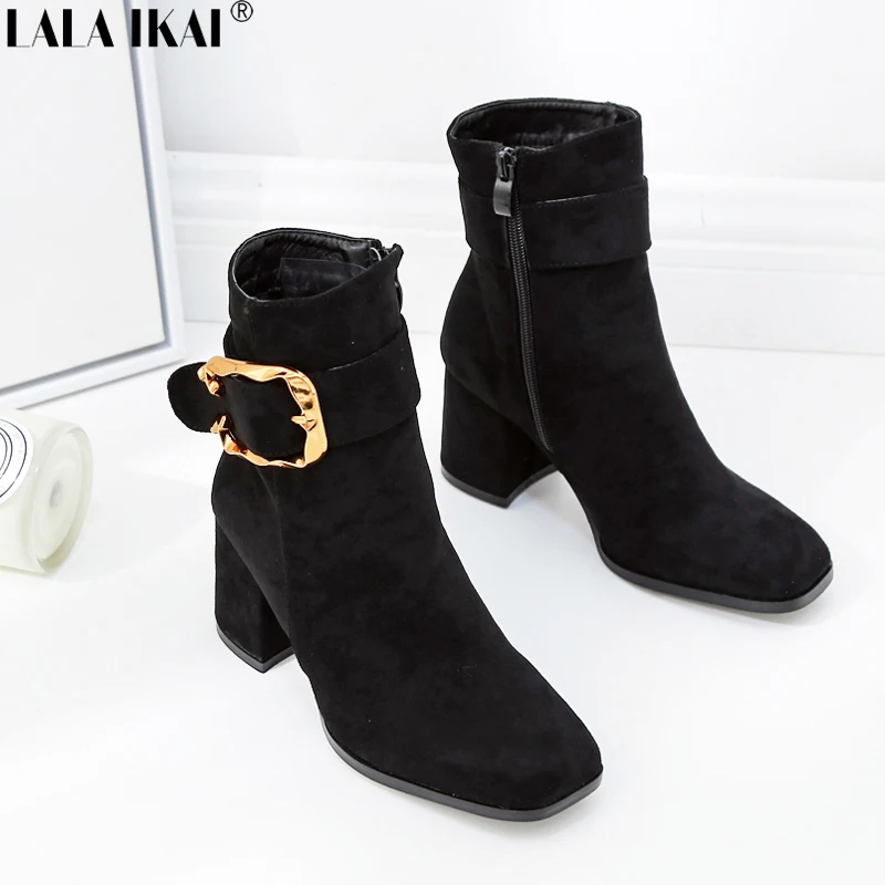 

LALA IKAI Fashion Winter Mid-Calf Boots High Heels Side Zipper Buckle Decoration Black Shoes Women Warm Flock Boot XWC2721-5