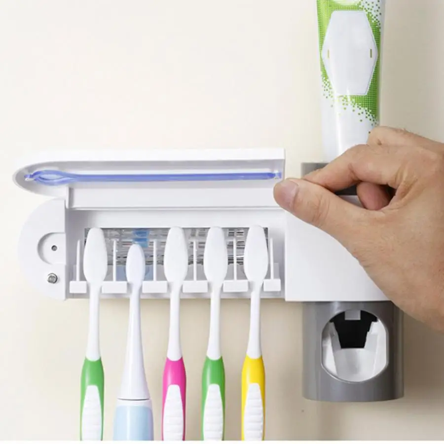 

3 in 1 UV Light Ultraviolet Toothbrush Sterilizer Toothbrush Holder Automatic Toothpaste Squeezers Dispenser Home Bathroom Set