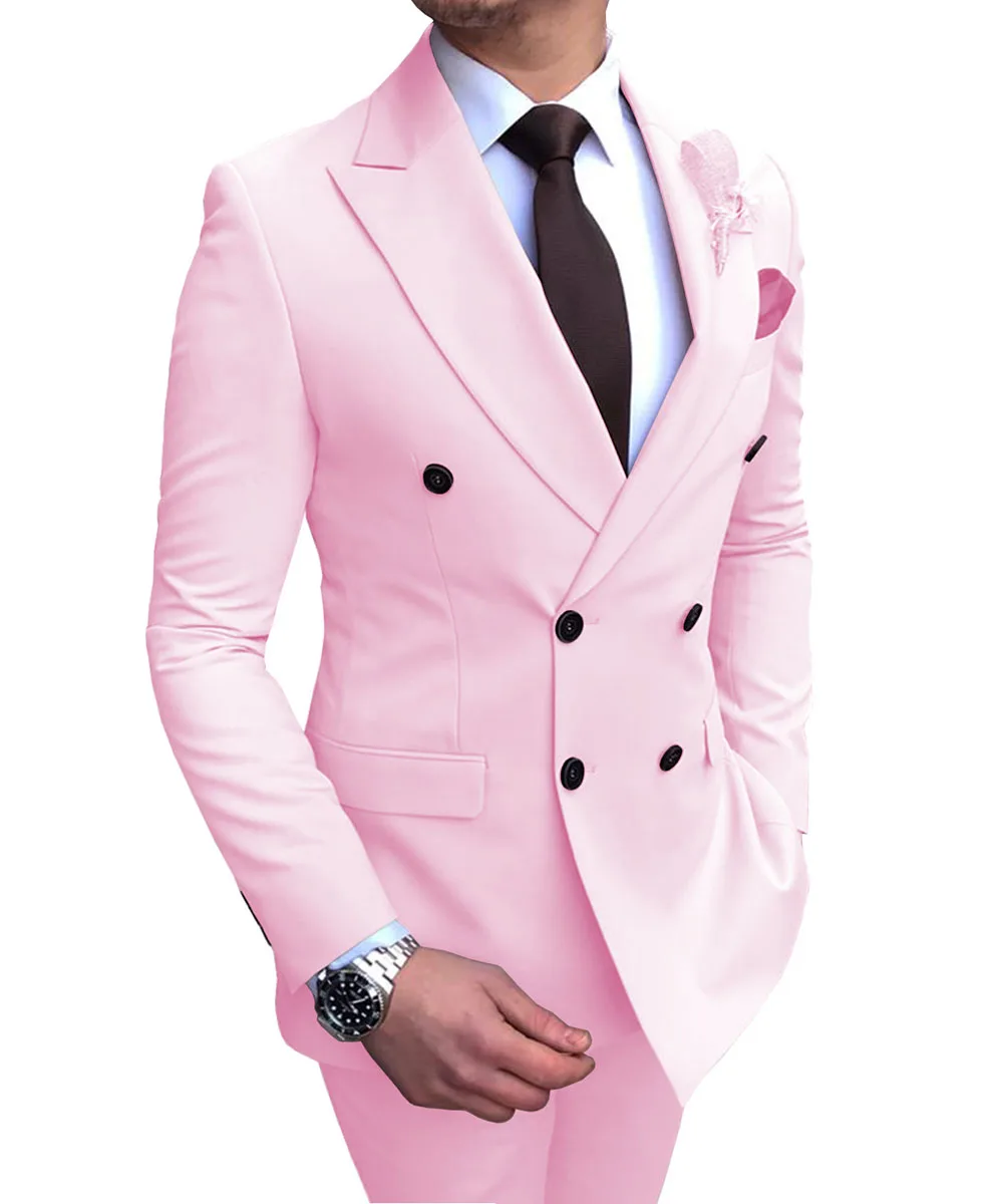 Зеленый мужской костюм 2 шт. двубортный тупый лацкан плоский приталенный Повседневный смокинг для свадьбы(Блейзер+ брюки - Цвет: pink