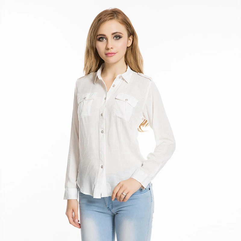 

Dioufond Solid Casual Women Shirt Long Sleeve Cotton Blouses Turn-down Collar Pockets Ladies Top Fashion Camisa Feminina 2018