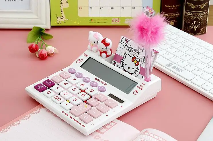 

Hello Kitty Cute Calculator Office Electronic Calculating Dual Solar Battery Power With A shinning kitty Pen and A notebook